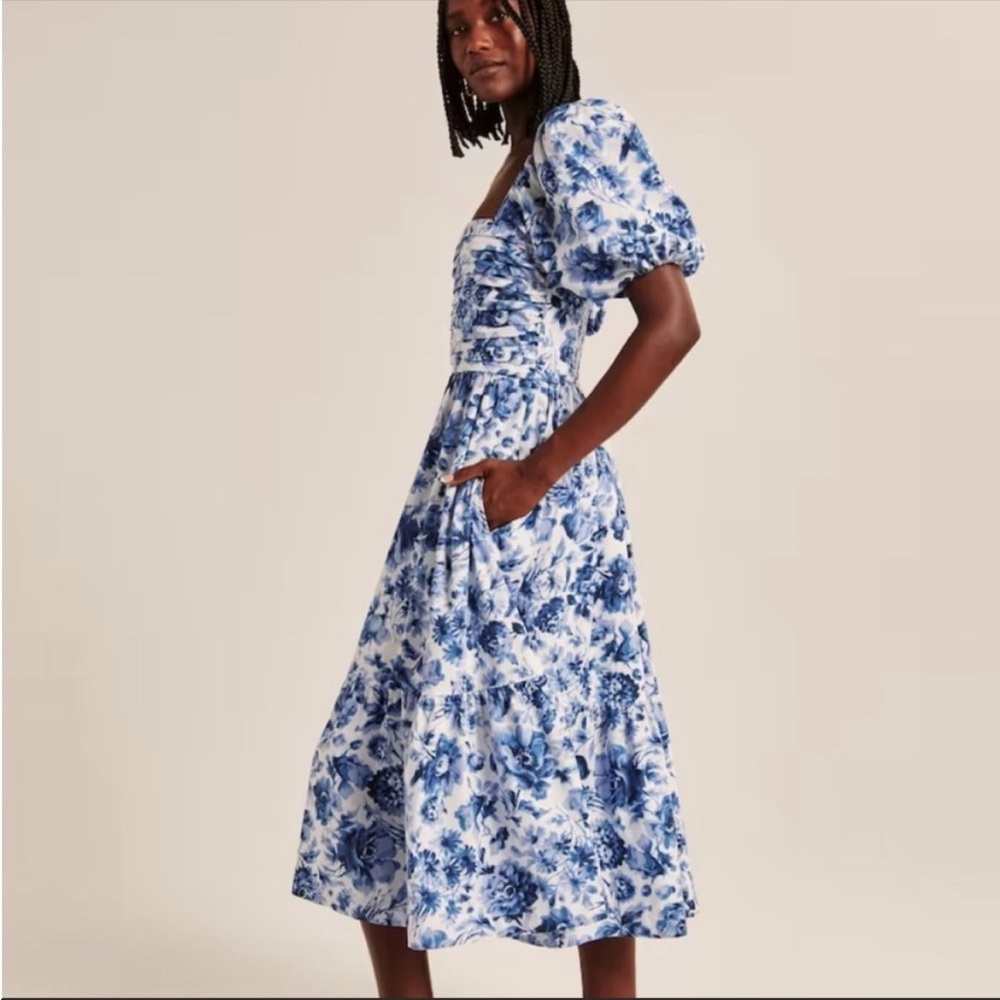 Abercrombie & Fitch Poplin Midi Dress-Size XS PETITE Blue Floral